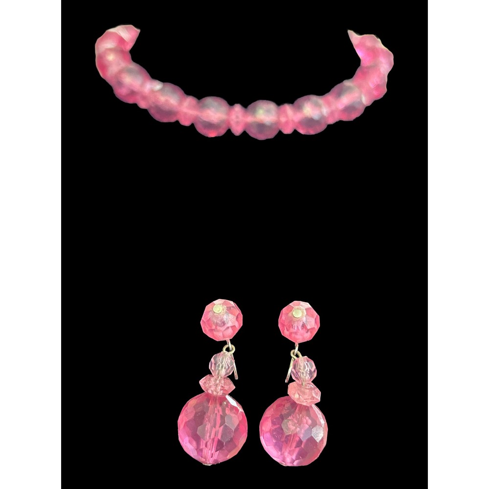 Vintage Pink Faceted Bead Necklace and Drop Earring Set Mid Century Jewelry